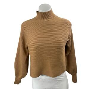 Zara Tan Long Balloon Sleeve Ribbed Knit Turtleneck Boxy Sweater Top Size M